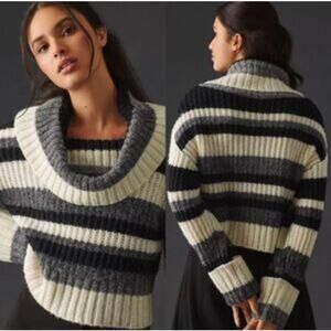 by Anthropologie Size Small Ribbed Cowl Neck Black Gray White Striped Sweater